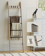 Blanket Ladder for Living Room, Decorative Quilt Rack with 4 Removable Hooks, 6-Tier Farmhouse Ladder Holder Shelf Organizer for Bedroom, Greige and Black BR31505B