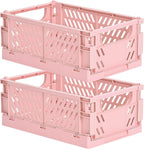 2-Pack Small Pastel Plastic Storage Baskets, Collapsible Crates for Organizing, Space-Saving Mini Bins for Classroom, Kitchen, Office, Bedroom (Pink, 9.8" x 6.5" x 3.8")