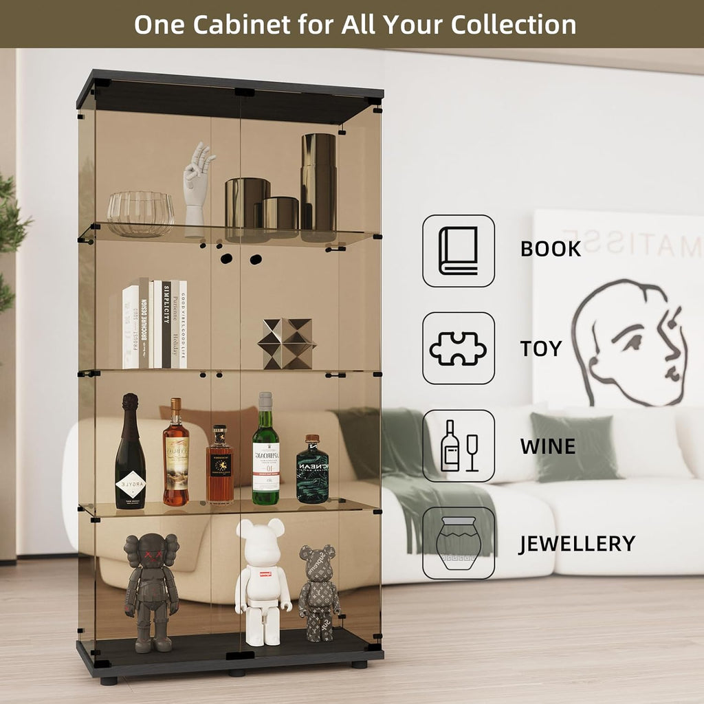 Beauty4U Glass Display Cabinet with 4 Shelves, 2 Doors Curio Cabinets for Living Room, Bedroom, Office, 5mm Brown Tempered Glass Floor Standing Bookshelf, Quick Installation