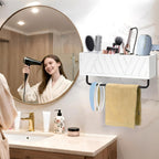 Hair Tool Organizer Wall Mounted with Towel Bar, Wood Hair Dryer and Styling Holder for Bathroom, Vanity Caddy Storage Stand for Storage Bathroom Accessories, Flat Iron, Blow Dryer, Brushes(White)
