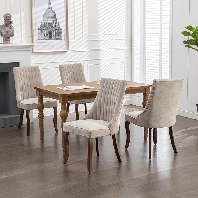 Dining Chairs Set of 6,Comfy Fabric Upholstered Accent Chairs for Kitchen Living Room,Channel Tufted Dining Room Chairs with Curved Solid Wood Legs(Beige)