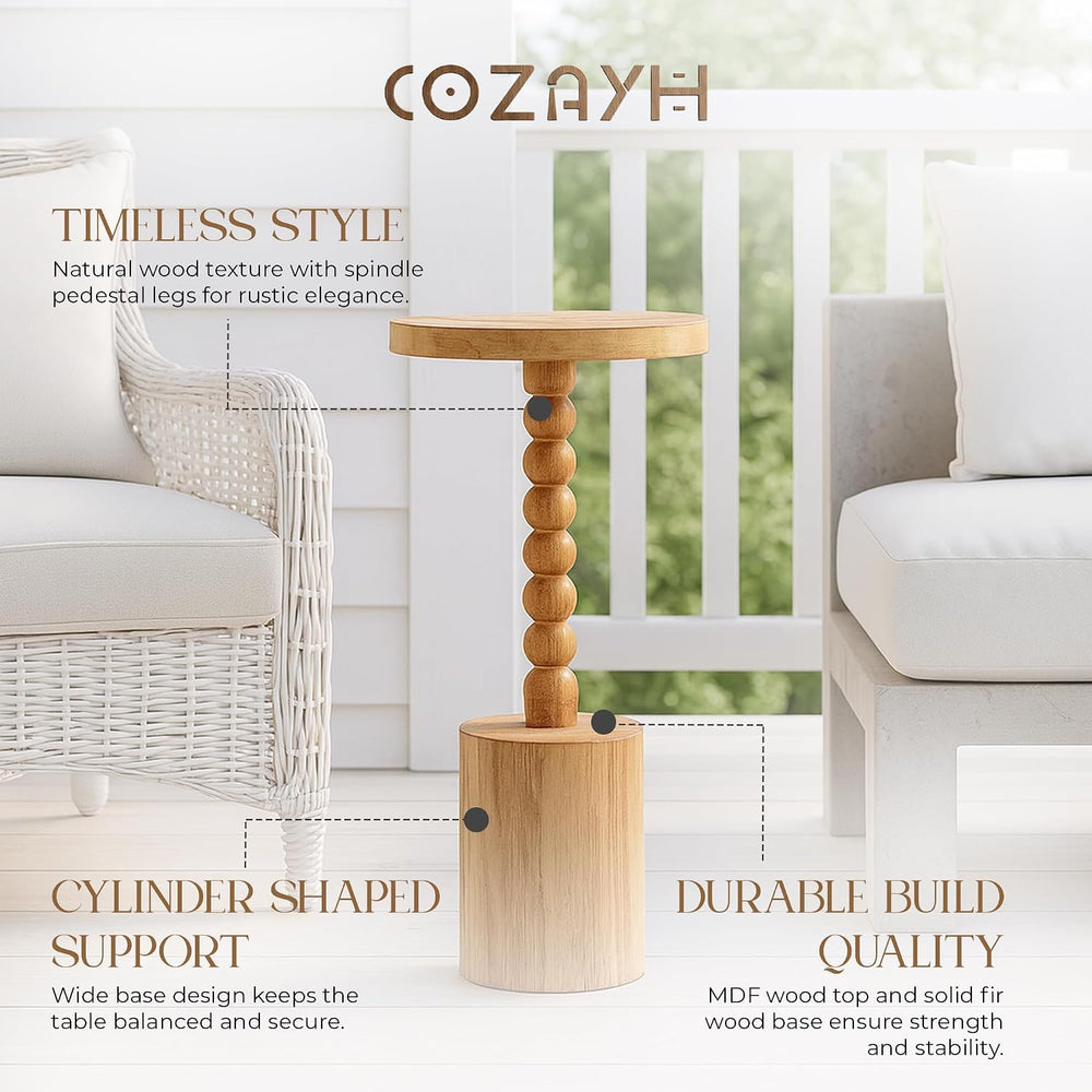 COZAYH Set of 2 Farmhouse Pedestal End Tables, Round Rustic Wood Drink Table ...
