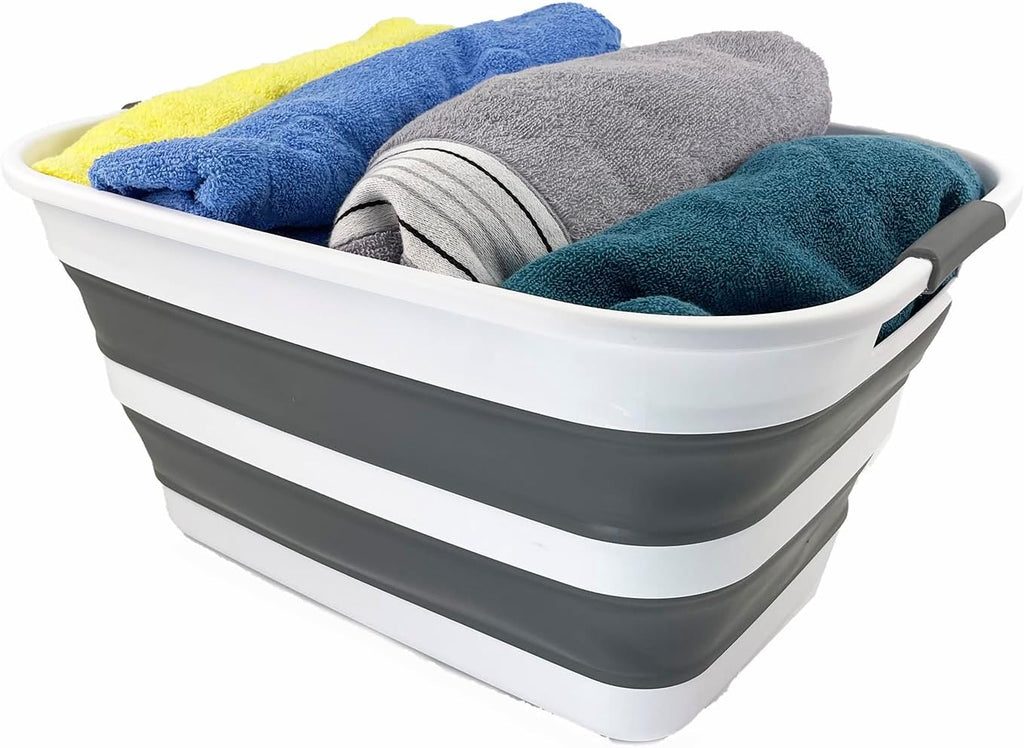 SAMMART 27L (7.1 Gallons) Collapsible Plastic Laundry Basket with Handle-Foldable Pop Up Storage Basket with handle (2, White/Steel Grey)
