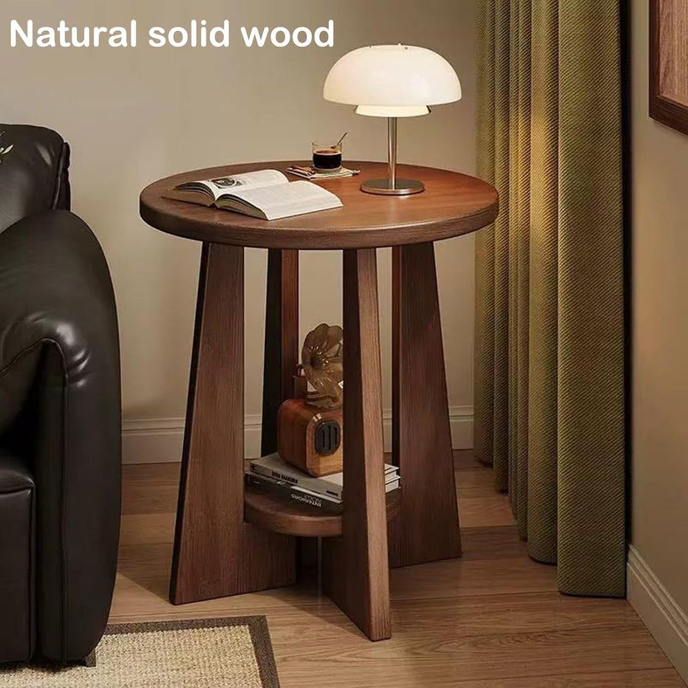 YUNMUAIR-Round Wood End Table with 2-Tier Storage,15.75" Dia Small Accen...