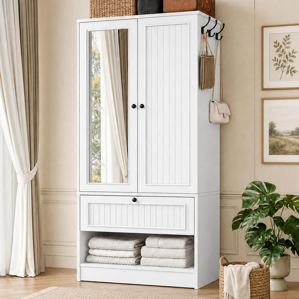 iPormis Wood Armoire Wardrobe Closet with Mirror Door and Drawer, 2 Doors Bed...