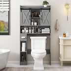 Farmhouse Over The Toilet Storage Cabinet with Sliding Door & Toilet Paper Holder Stand, Space-Saving for Bathroom & Restroom, Wash Grey