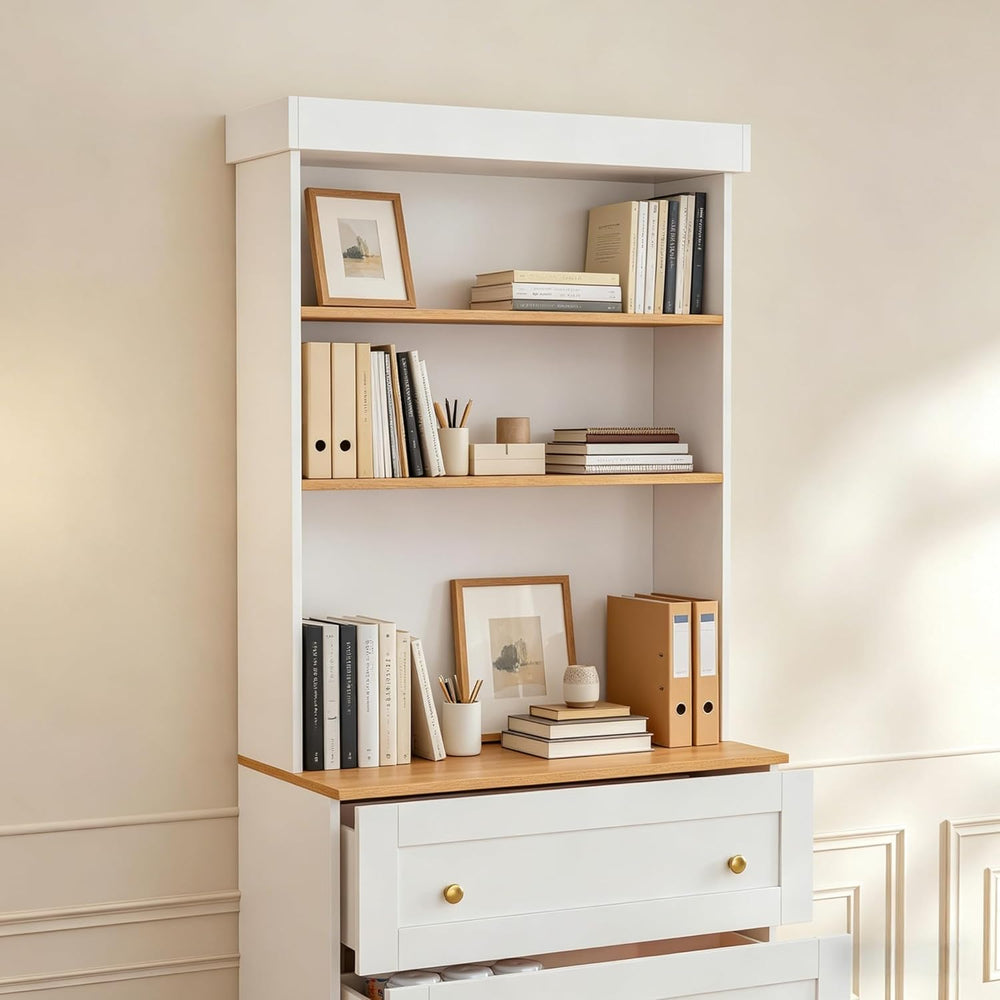 71" Tall Modular Farmhouse Bookcase with Drawers,Expandable Wooden Stora...