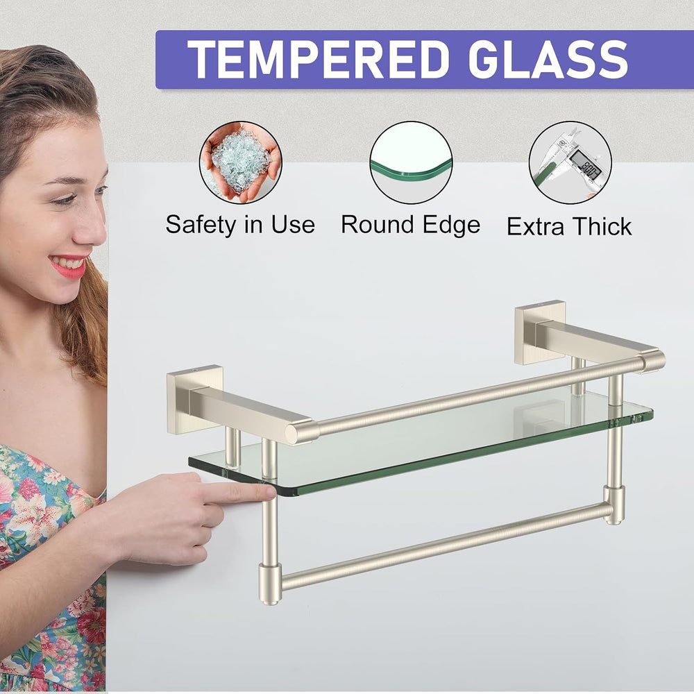 16-Inch Modern Glass Shelf with Towel Bar, 1-Shelf, Brushed Nickel Finish, Wa...