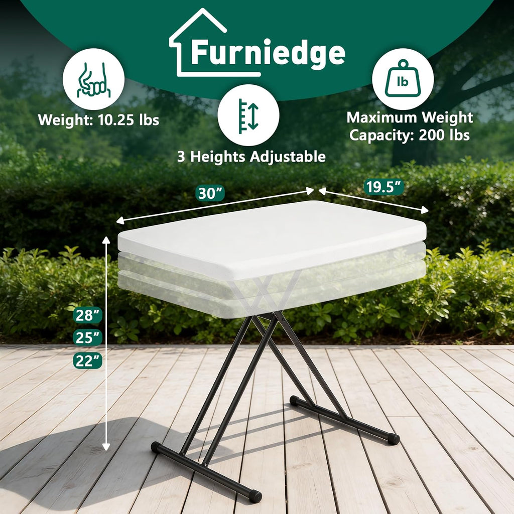 30 Inch Folding Table, Adjustable Height TV Tray for Small Spaces, Heavy Duty Foldable Utility Table for Laptop, Dining, Camping, No Assembly, 200 lbs Capacity, White Granite