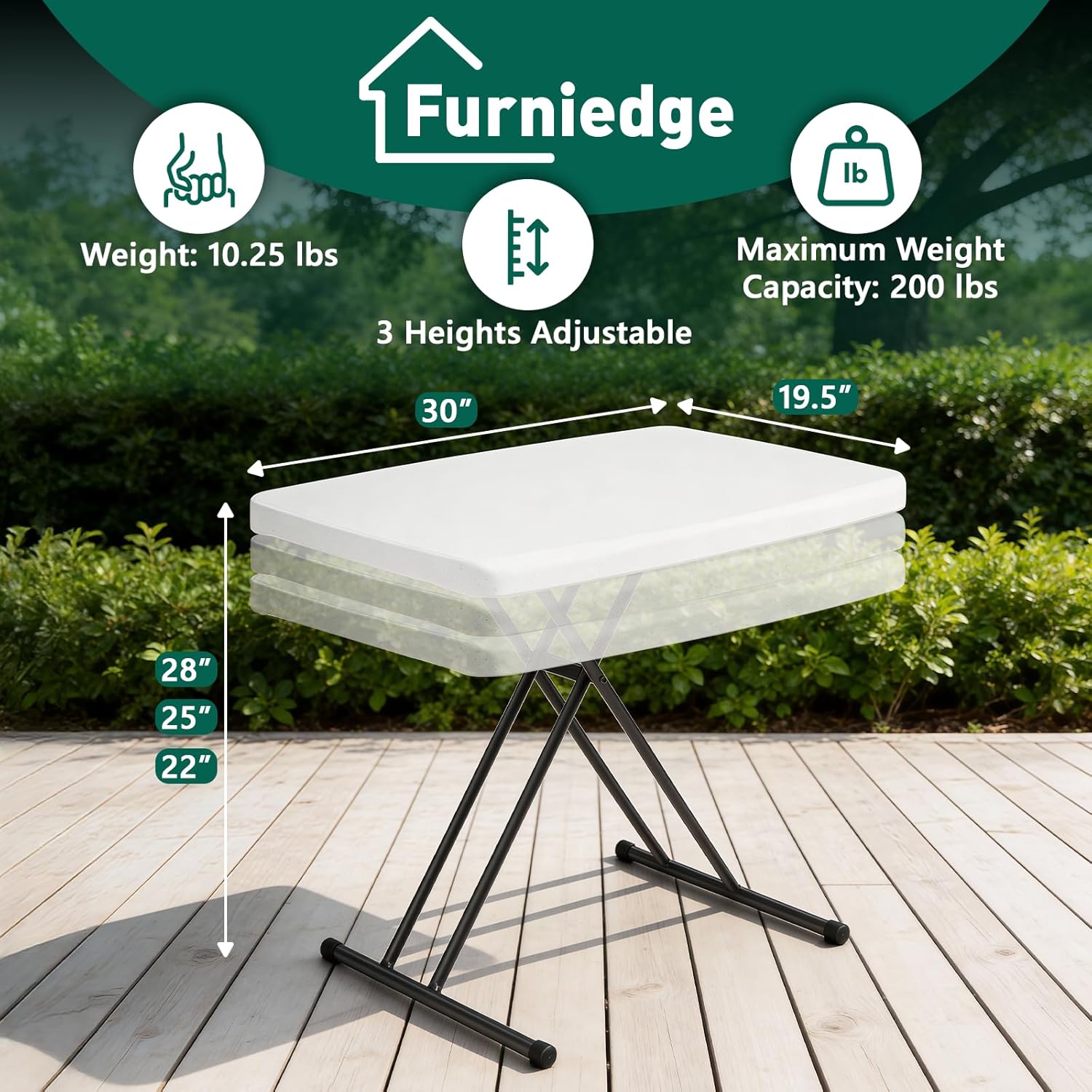 30 Inch Folding Table, Adjustable Height TV Tray for Small Spaces, Heavy Duty Foldable Utility Table for Laptop, Dining, Camping, No Assembly, 200 lbs Capacity, White Granite