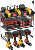 JUNNUJ Power Tool Organizer with 10 Outlet Power Strip, 3 Layer Wall Mount Drill Holder with Charging Station, 4 Drills Storage Shelf Shop Garage Utility Rack, Black