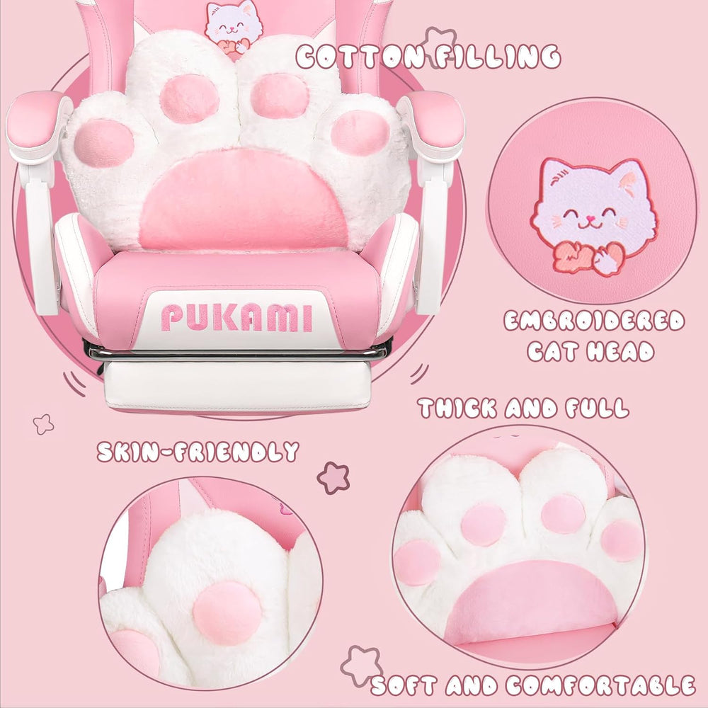 PUKAMI Pink Gaming Chair Cute with Cat Ears and Cat Paw Lumbar Cushion, Ergon...
