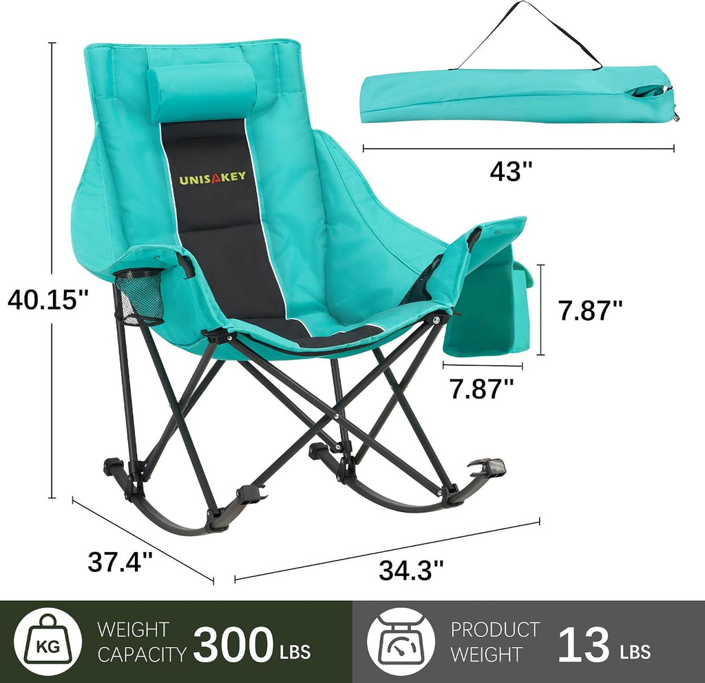 Unisakey Oversized Rocking Camping Chair with Headrest & Cup Holder - 300lbs Capacity, 600D Oxford Fabric, Easy Fold Portable Outdoor Rocker Chair for Camping, Backyard, Beach, Blackgreen