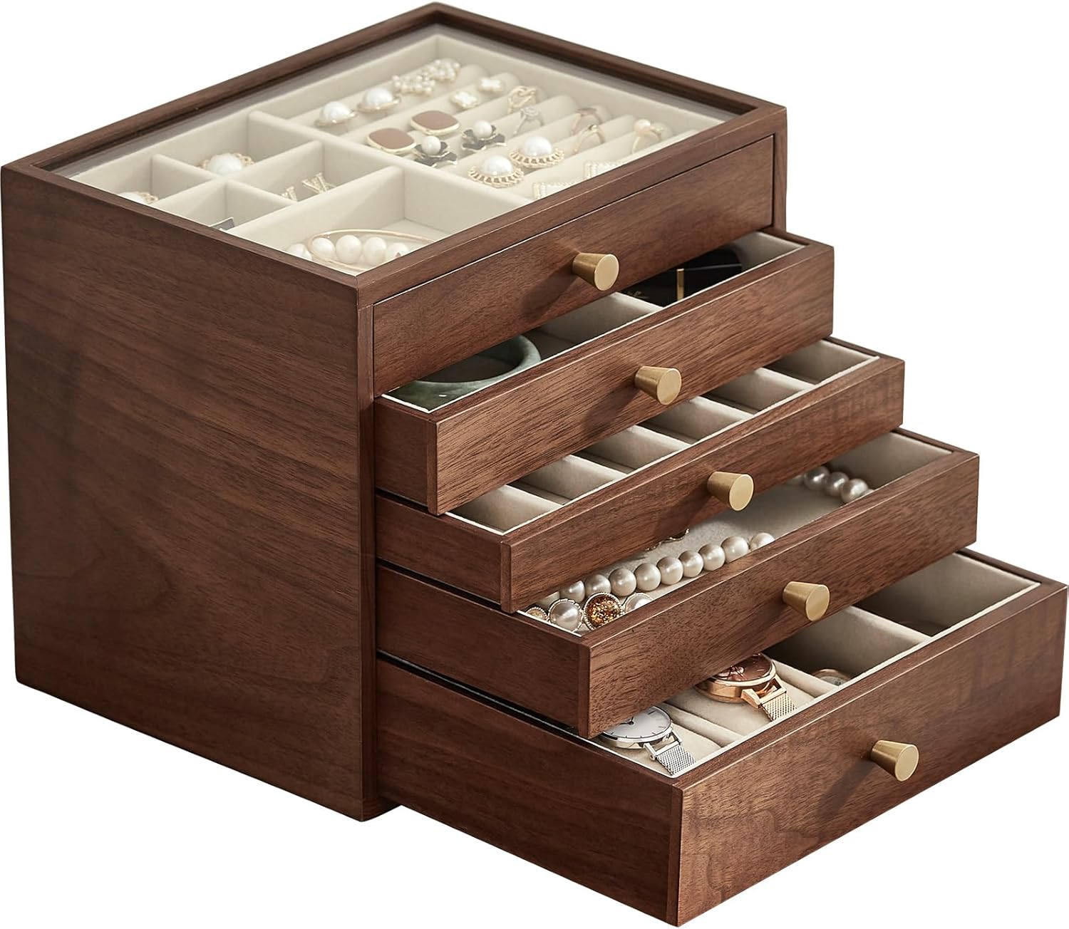 CHOSIN Black Walnut Wooden Jewelry Box Women large 5 Level Drawer Organizer Box with Glass Lid for Necklaces Watch Necklace Ring Earring Storage Christmas Gifts