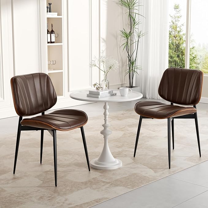 Dining Chairs Set of 6, Mid Century Modern Dining Room Chairs, Upholstered Faux Leather Kitchen Chairs with Walnut Bentwood Back and Metal Legs