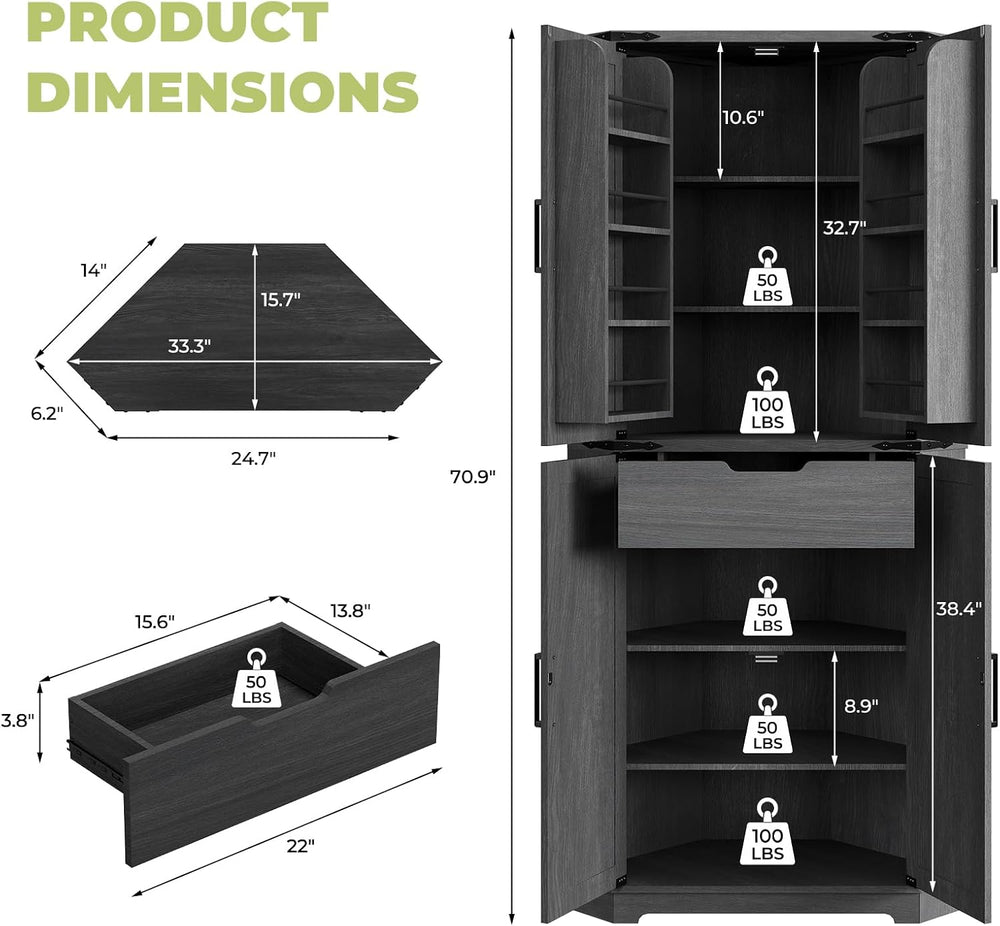 Dripex 71" Black Farmhouse Corner Pantry Cabinet with LED Light, Tall St...