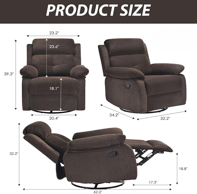 Swivel Rocker Recliner with 360 Degree Swivel, Small Recliners with 30 Degree, 90-150 Degree Angle, Lift Chair for Home Theater Seating, Adults, Living Room, Bedroom, Nursery, Coffee