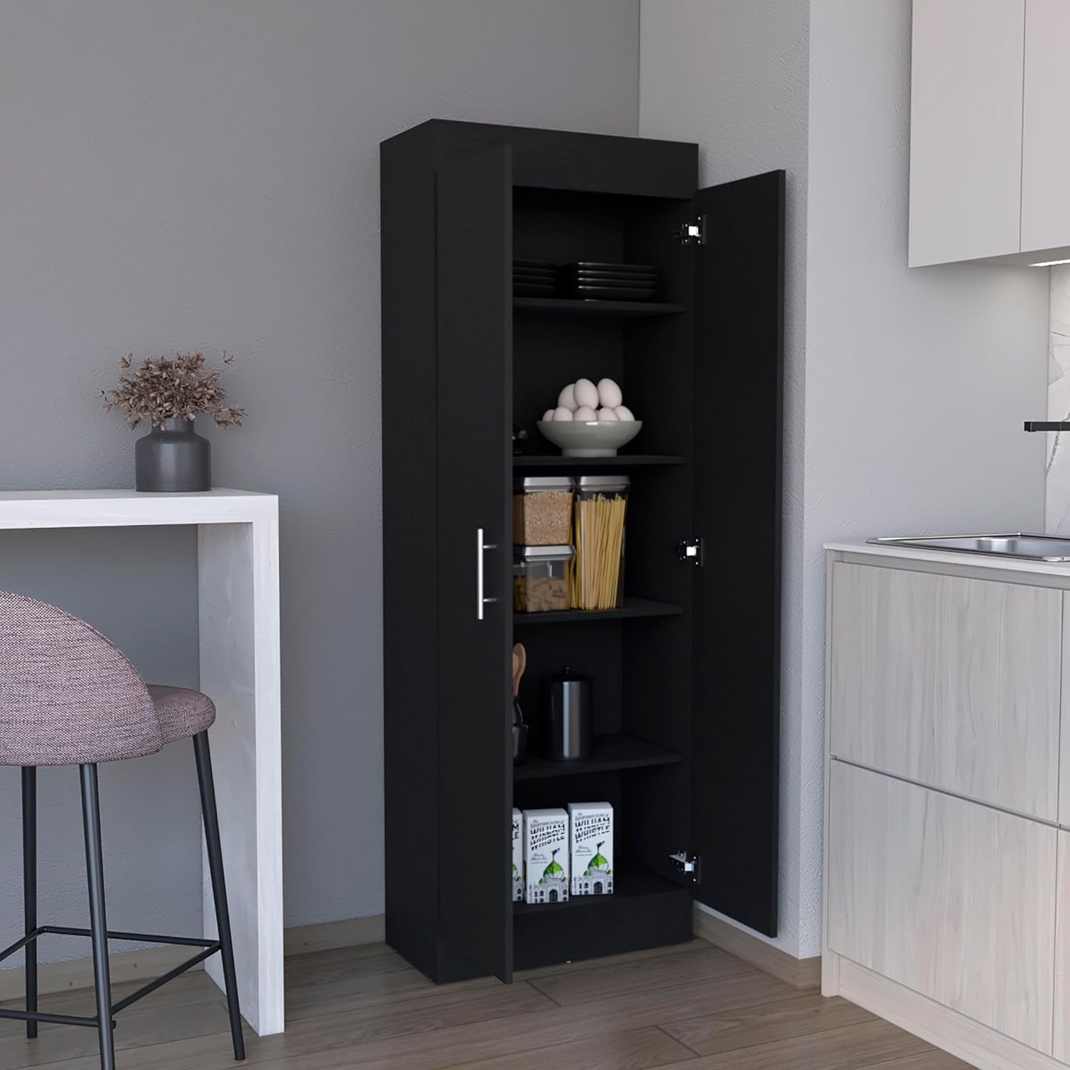 23.6" D*11.9" W*66.8" H Freestanding Kitchen Pantry with 4 Shelves, Double Door, Rectangular Storage Cabinet, Traditional, for Living Room, Dining Room, Black