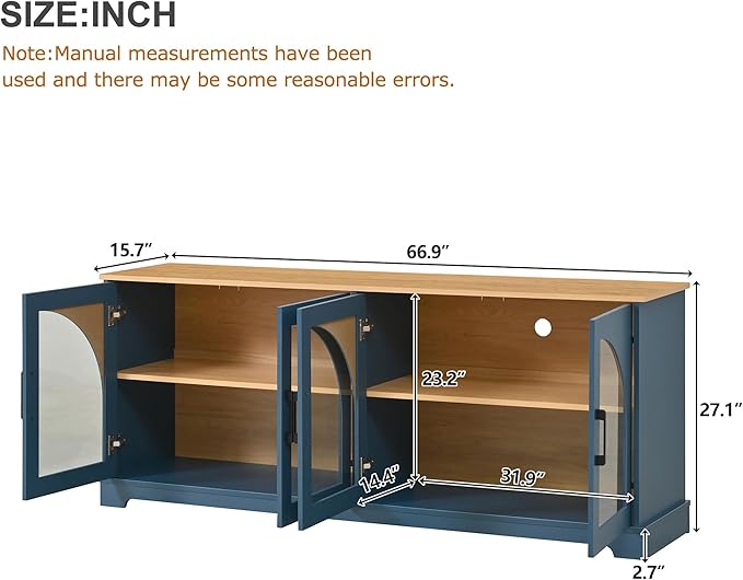 Farmhouse TV Stand with Adjustable Shelves for TVs up to 70'', Entertainment Center with Semi-Arched Glass Doors, Wood Grain Sideboard with Cable Management for Living Room, Blue