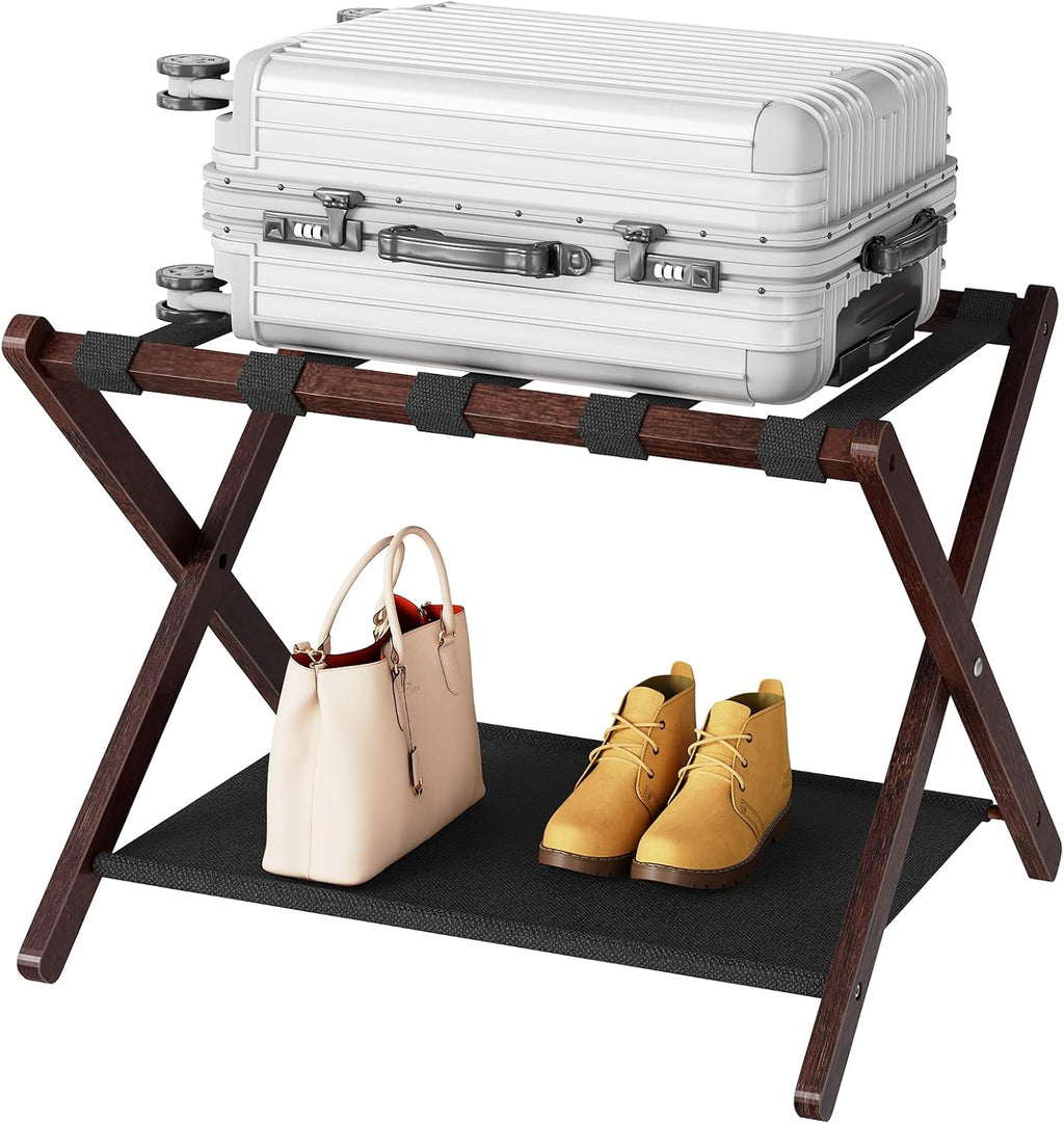 HOOBRO Luggage Racks, Set of 2 Folding Luggage Holders, Bamboo Suitcase Stands, with Nylon Straps and Oxford Fabric Shelf, for Guest Room, Hotel, Bedroom, Brown and Black BR17XLP201G1
