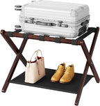 HOOBRO Luggage Racks, Set of 2 Folding Luggage Holders, Bamboo Suitcase Stands, with Nylon Straps and Oxford Fabric Shelf, for Guest Room, Hotel, Bedroom, Brown and Black BR17XLP201G1