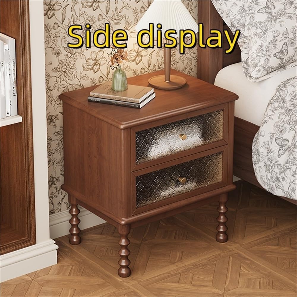 Vintage Wooden Nightstand Antique Bedside Table with 2 Floral Glass Drawers M...