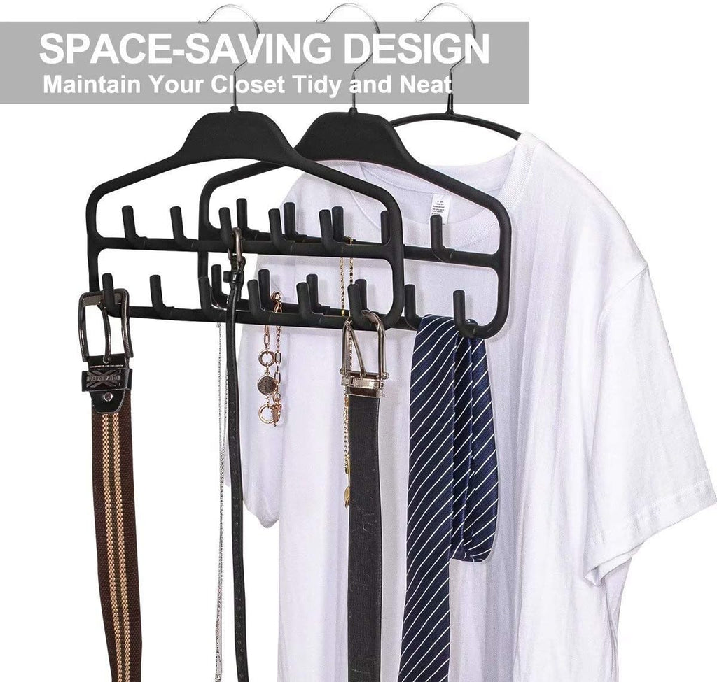 FairyHaus Belt Hanger Organizer 2 Pack, Non Slip Tie Rack Holder, Durable Hanging Closet Accessory Hooks for Belts, Ties, Jewelry, Scarves, Black