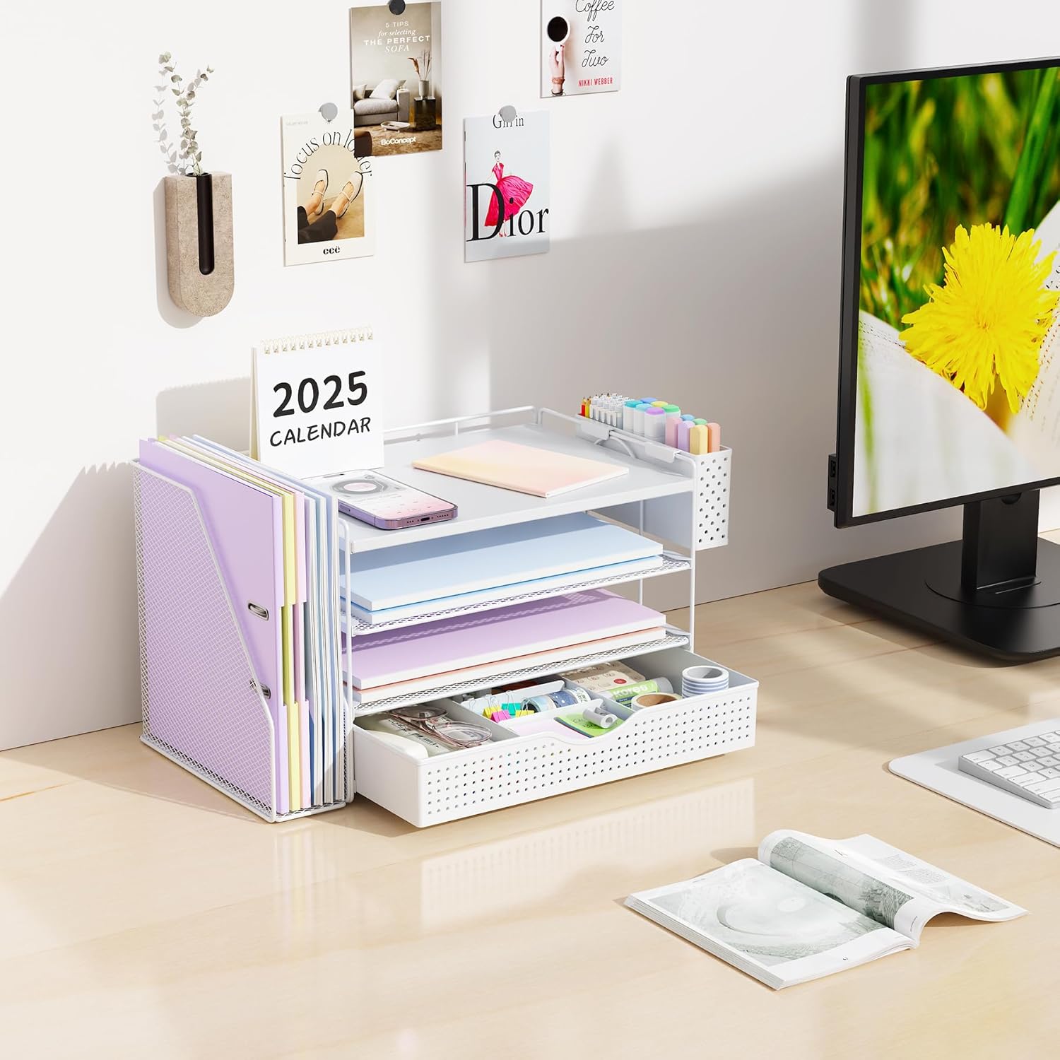 gianotter Wood Desk Organizers and Accessories with File Holder, 4-Tier Desk Accessories & Workspace Organizers with Drawer and Pen Holder, Paper Organizer for Office Supplies (White)