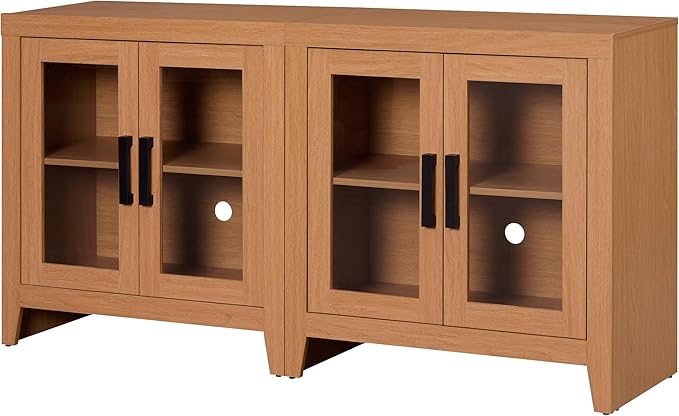 WAMPAT Farmhouse TV Stand for TVs up to 65”, Rustic Wood Entertainment Center with Adjustable Shelf, Glass Doors & Storage, Media Console Cabinet for Living-Room, Bedroom, Mocha