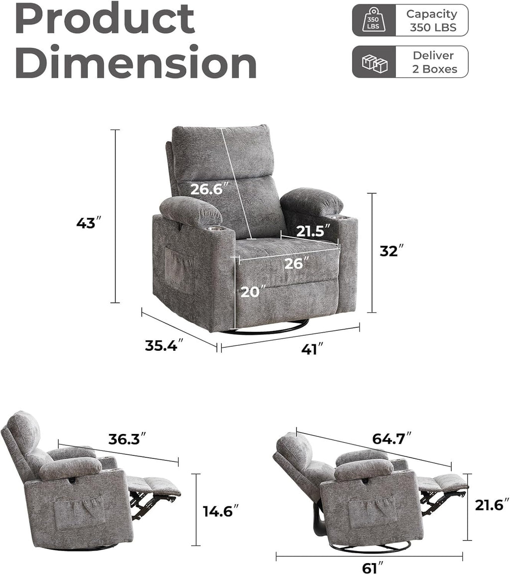 Electric Power Swivel Glider Rocker Recliner Chair with Headrest Adjustable Armrests Heat Massage Function Sofa for Living Room Home Furniture