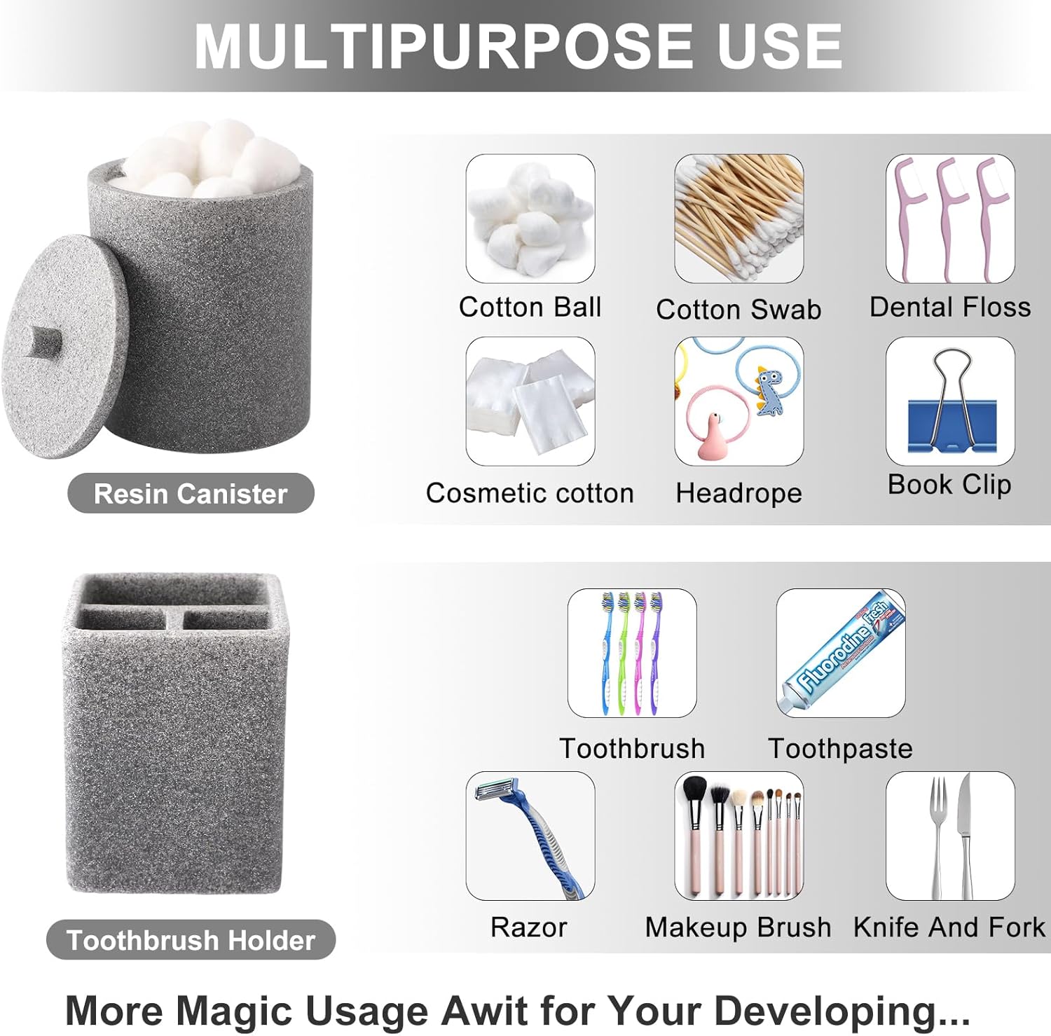 Resin 6 Pcs Gray Bathroom Set Complete with Toothbrush Holder, Lotion Soap Dispenser, 2 Qtip Holder Dispensers,Vanity Tray,Bathroom Tumbler - Countertop Vanity Organizer - Bathroom Accessories Set
