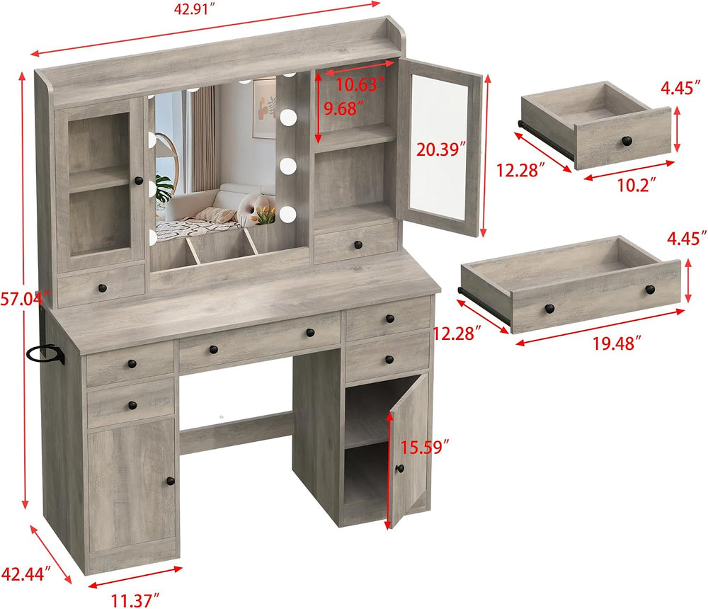 Wodeer Vanity Desk with Mirror and Lights, 43" Grey Makeup Vanity Set wi...