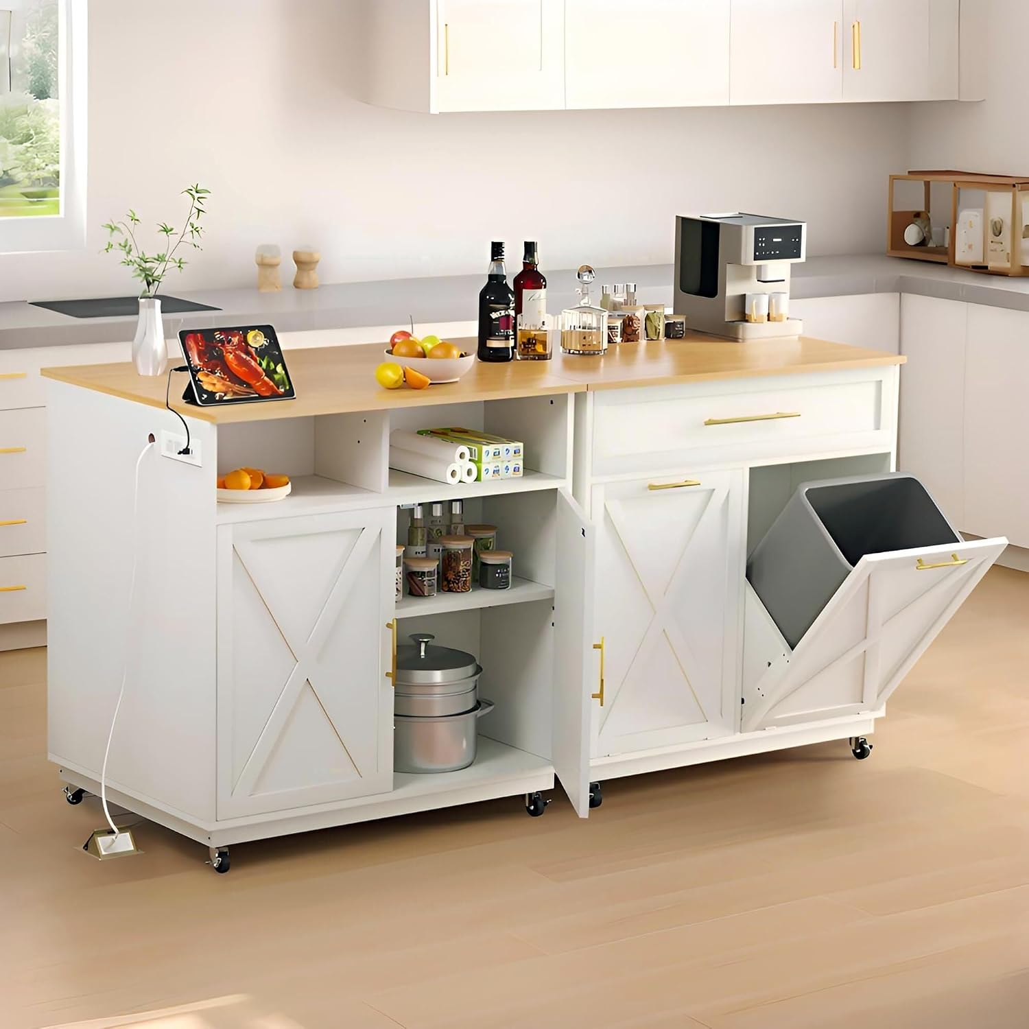 DWVO Rolling Kitchen Island with Double Tilt Out 10 Gallon Trash Can Cabinet Power Outlet