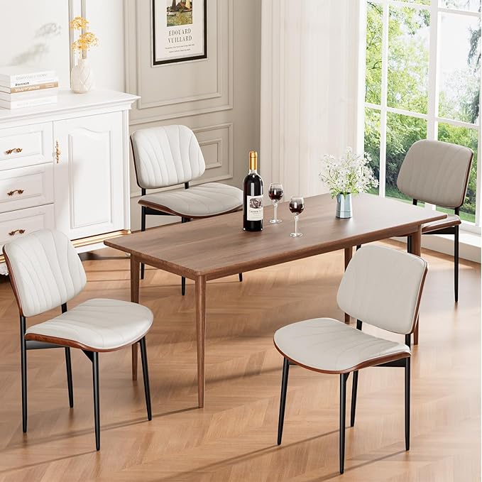 Dining Chairs Set of 2, Mid-Century Modern Upholstered PU Leather Chairs with Walnut Bentwood Back and Metal Legs Adjustable Feet for Kitchen Dining Room, Off-White Shell Strips