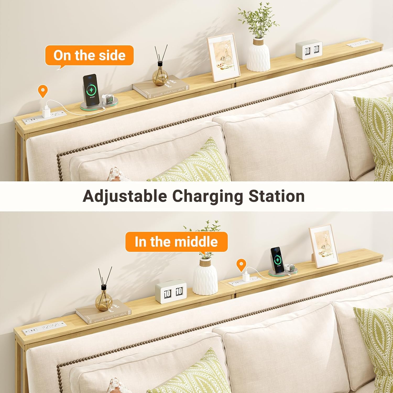 ELYKEN Bamboo Narrow Console Table with Charging Station, 2 Pack Slim Sofa Table Behind Couch, Entryway Table with Outlets for Living Room, Hallway, 5.9 x 39.4 x 31.1in, Natural