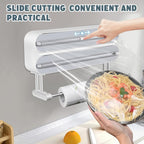 3 in 1 Plastic Wrap Dispenser with Cutter，Magnetic Aluminum Foil and Adhesive Film Organizer, Wall Mount Kitchen Wrap Organizer, Cling Wrap Dispenser with Paper Towel Holder and Cutter