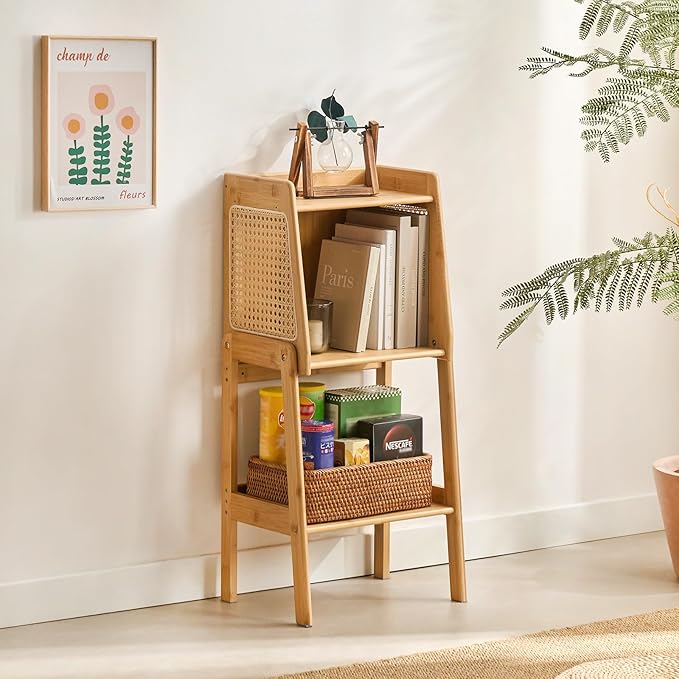 Welnow Bamboo Rattan Bookcase with Cabinet, 1-Tier Storage Shelf with Side Ta...