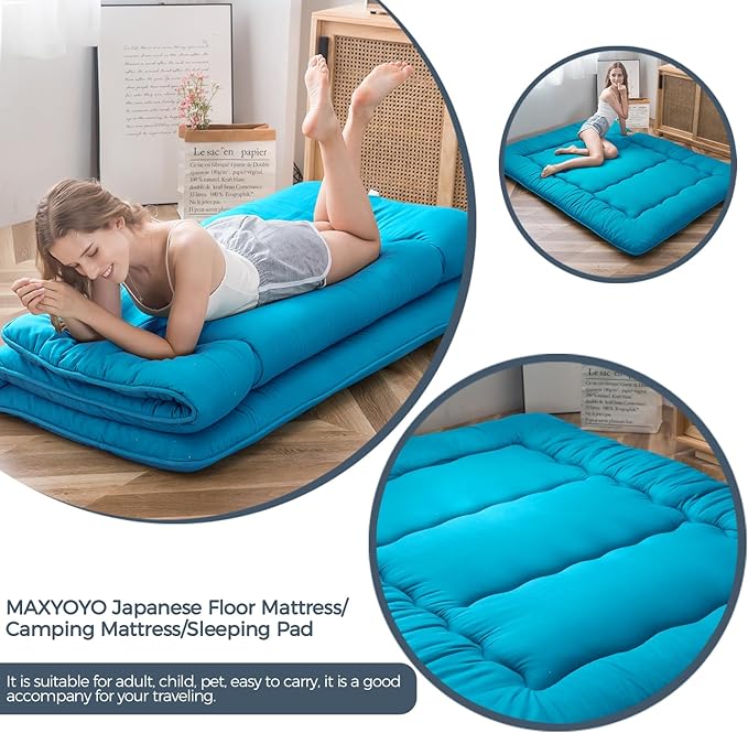 MAXYOYO Japanese Floor Mattress Futon Mattress, 4" Thicken Tatami Mat Sleeping Pad Foldable Roll Up Mat Boys Girls Dormitory Pad Kids Floor Lounger Pillow Bed, Charcoal Grey, Queen Size