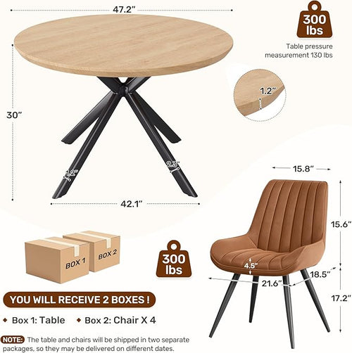 47.2" 5-Piece Round Dining Table Set for 4, Modern Wood Dining Table with 4 Upholstered Chairs, Kitchen & Dining Room Table Set with Metal Base for Apartment, Small Space, Natural Table+4 Brown Chairs