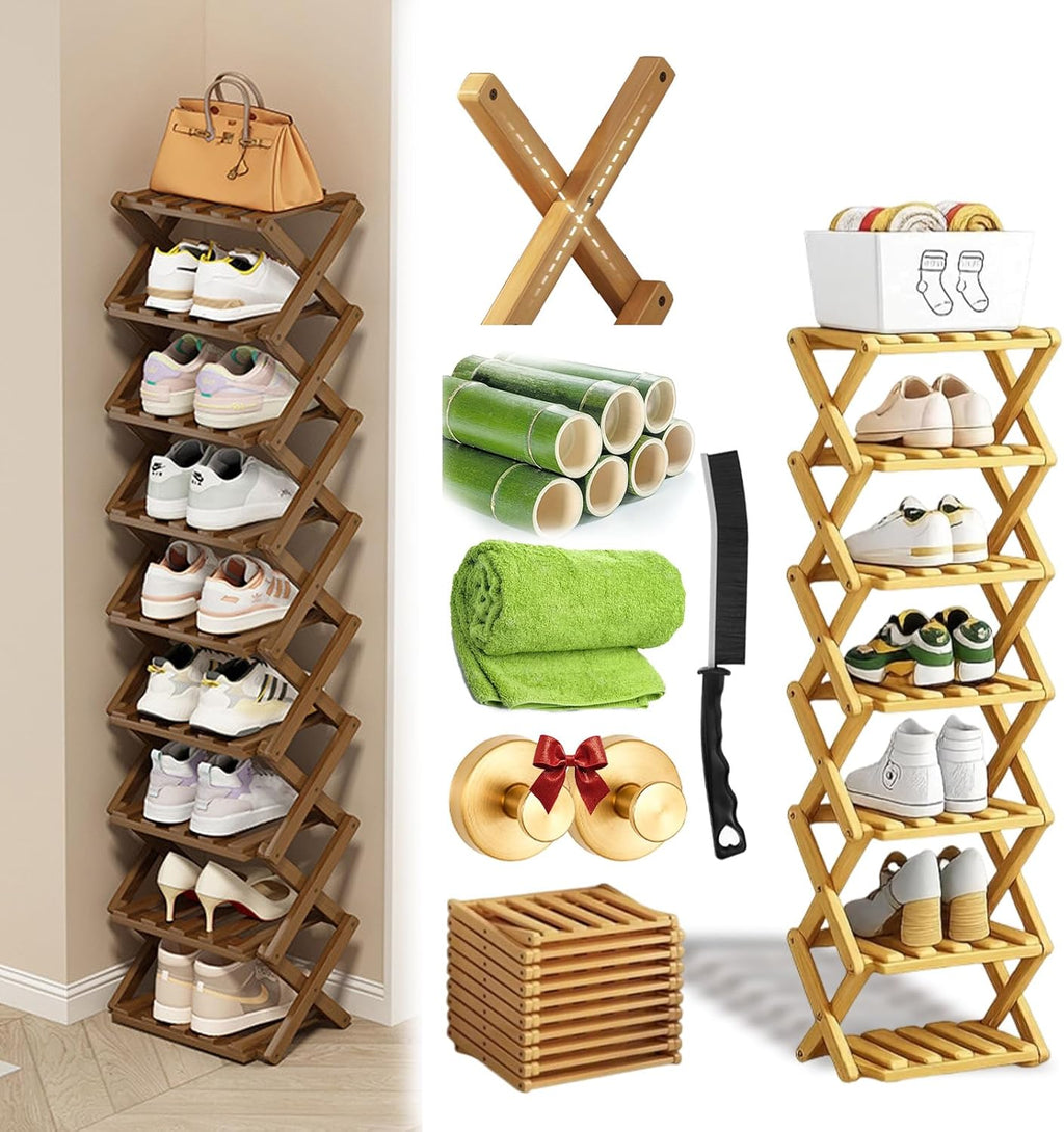 GDSAFS 2-9 Tier Bamboo Shoe Rack, 2026 New Sturdy Foldable Shoe Organizer, High-Capacity No-Assembly Vertical Storage with Anti-Slip Base for Hallway, Bedroom, Corner, Kids' Room (Yellow,7 Layers)