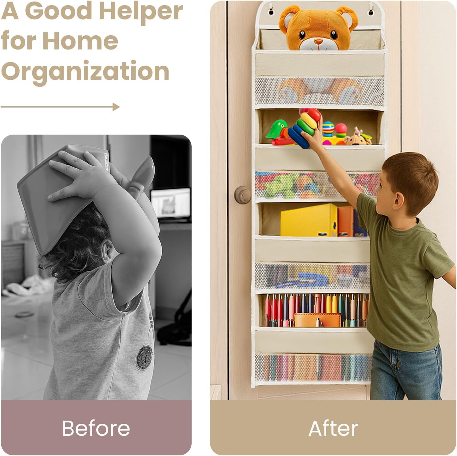 Over The Door Organizer with 4 Side Mesh Pockets, 4 Shelf Capacity Hanging Behind The Door Kitchen Organizers and Storage Suitable for Storing Toys, Shoes, Towels, Lvoy White, 4 Shelf