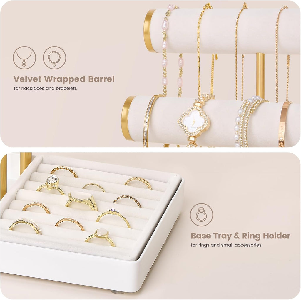 Lolalet Bracelet Display Stand Necklaces Holder, 5 Tiers Jewelry Organizer and Storage Rack with Velvet Slot and Metal Base, for Women Bangles Watches Ring Earrings -White