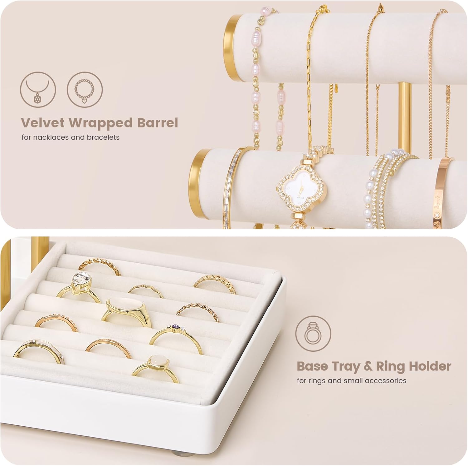 Lolalet Bracelet Display Stand Necklaces Holder, 5 Tiers Jewelry Organizer and Storage Rack with Velvet Slot and Metal Base, for Women Bangles Watches Ring Earrings -White