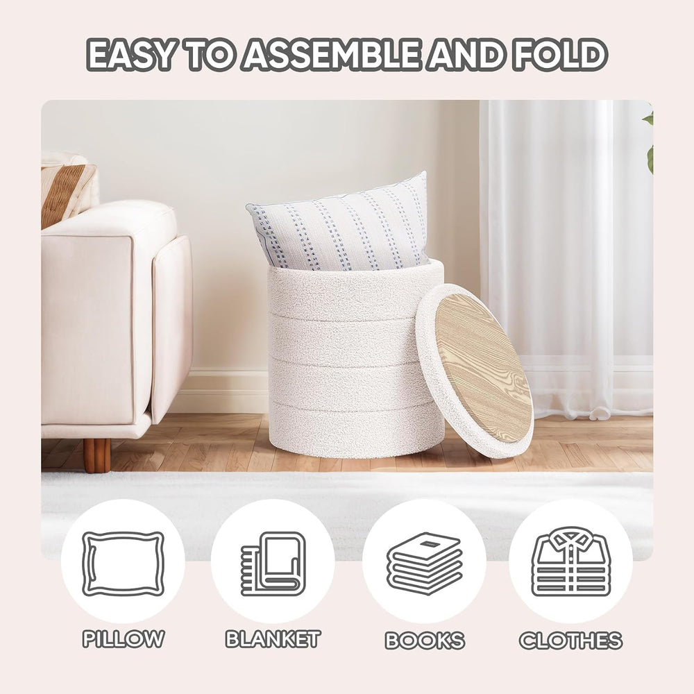 PINPLUS Round Storage Ottoman Foot Rest Stool with Tray Velvet Sherpa Folding...