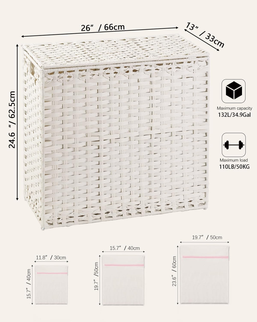 Laundry Hamper with Lid Laundry Basket 132 L (35 Gal) Wicker Clothes Hamper, Handwoven Rattan Hamper with Handles and 4 Removable Liner Bags, 6 Mesh Bags for Laundry Bedroom White