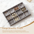 Large Jewelry Organizer for Drawer Insert Velvet Stackable Jewelry Trays for Earring Necklace Bracelet Ring Display (Gray, 12 Grids)
