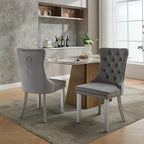 Velvet Dining Chairs Set of 2, Kitchen & Dining Room Chairs, Upholstered Dining Chairs with Back Ring Pull and Silver Solid Wood Legs, Modern Tufted Kitchen Chairs for Dining Room, Light Grey