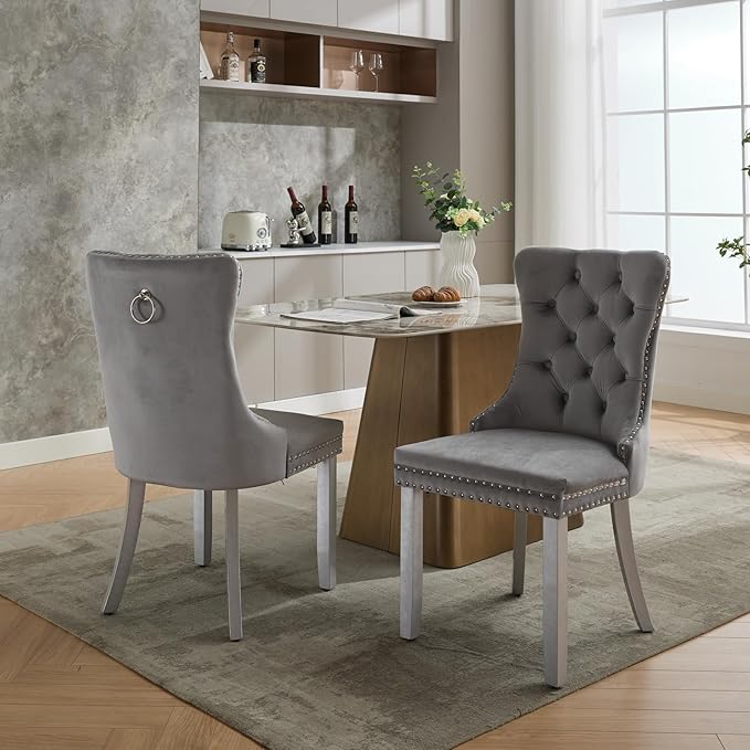 Velvet Dining Chairs Set of 2, Kitchen & Dining Room Chairs, Upholstered Dining Chairs with Back Ring Pull and Silver Solid Wood Legs, Modern Tufted Kitchen Chairs for Dining Room, Light Grey