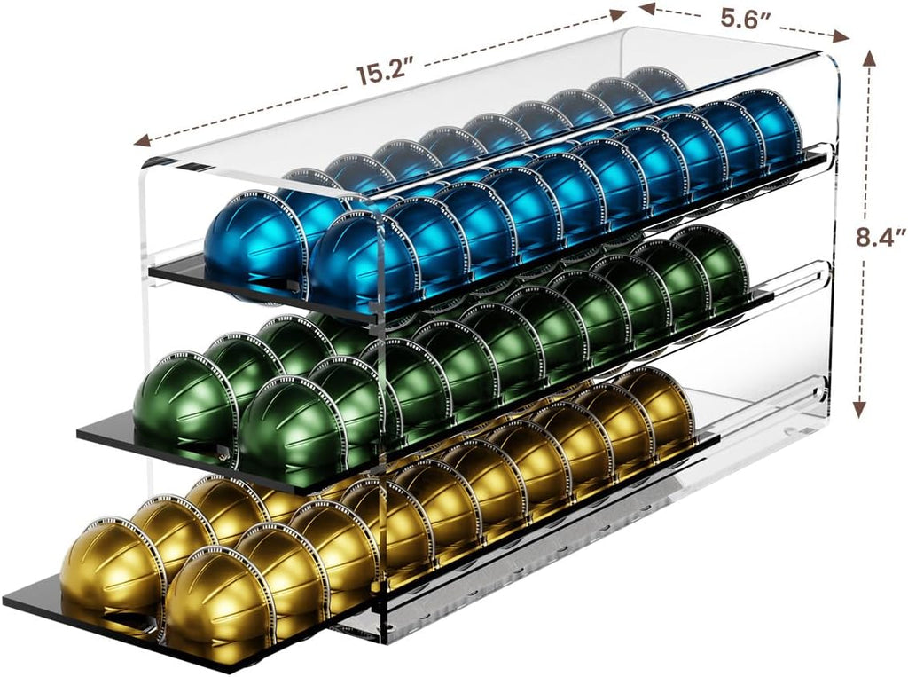 Acrylic Coffee Pod Drawer for Nespresso Vertuo Capsules, 3 Tier 60 Capacity Pods Organizer for Countertop Coffee Bar Home Office Kitchen