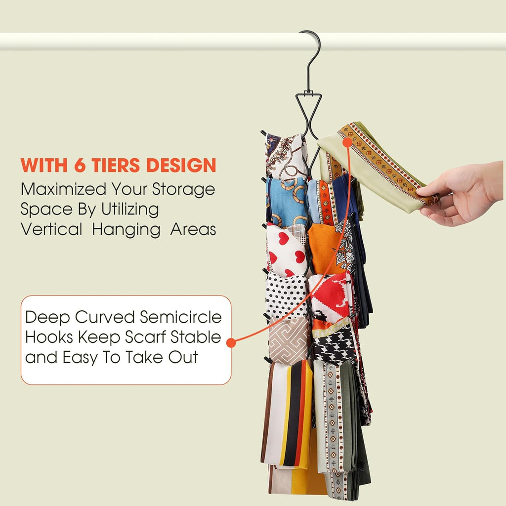 Scarf Hanger 2 Pack 24 Storages,Purse Hanger with 360 Swivel Hook,Scarf Organizer Scarf Hangers for Closet,for Scarves, Shawl,Belt,Purse & Baseball Cap